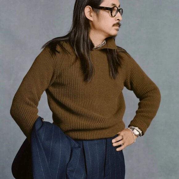 Drake's Olive Alpaca Lambswool Ribbed Integral Collar Jumper/Sweater, Size Small - Picture 6 of 6